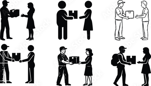Package exchange icons showing diverse delivery interactions between people in silhouette and stylized formats for logistics themes