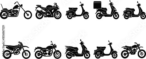 PrintBlack silhouette set of various motorcycles and scooters including sport bikes, cruisers, mopeds, and dirt bikes for urban transportation design,