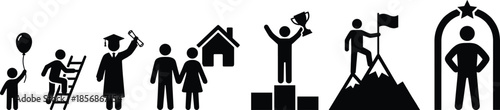 Personal growth and achievement icons showing life stages from childhood to education, career, success, and recognition milestones