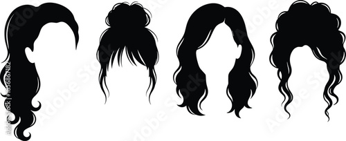 PrintCollection of female hair silhouettes, featuring curly long hair, messy bun with bangs, wavy hairstyle, and elegant ponytail, vector illustration.