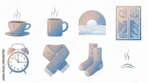 Cozy winter elements: hot drinks, warm clothing, and frosty window views