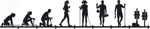 Physical rehabilitation and fitness progression icons showing recovery stages from injury to strength training and gym equipment use
