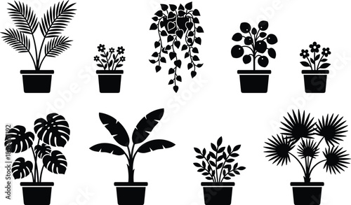 PrintCollection of indoor potted plant silhouettes, featuring monstera, palm, ivy, and blooming flowers, flat vector icons isolated on white background.