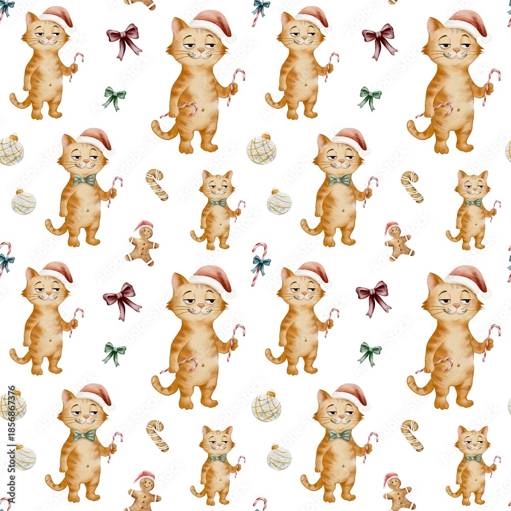 Fototapeta premium Watercolor pattern design featuring cats with holiday accessories and festive themes