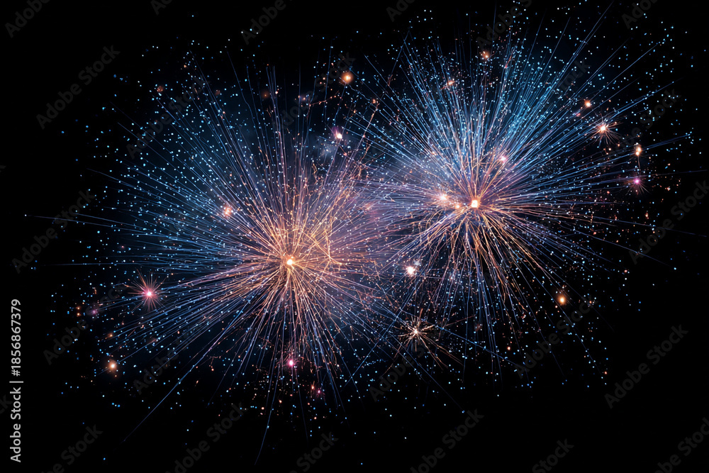 Fototapeta premium Two beautiful fireworks explode against a dark night sky