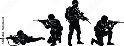 PrintMilitary soldiers silhouette set, tactical army squad with rifles, sniper prone position, infantry special forces team, combat mission vector, war icons.