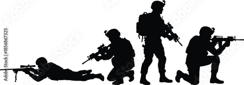 PrintMilitary soldiers silhouette set, tactical special forces team with rifles, sniper prone position, infantry squad, army combat mission, war vector illustration.