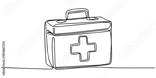 Continuous one line drawing of first aid kit box. simple medical box line art vector illustration, One continuous line drawing of first aid kit box. Single line of first aid kit box vector