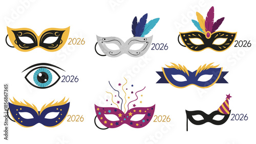 Collection of festive masquerade masks and an eye symbol for the year 2026