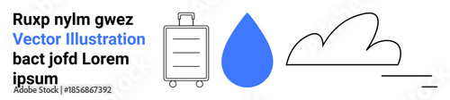 Travel planning, weather forecast, tourism, nature awareness, sustainability, organization. Minimalistic suitcase, water drop and cloud icons. Travel planning and weather forecast concepts