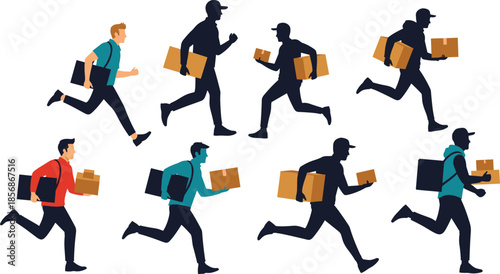 Running courier icons showing fast delivery motion with packages, backpacks, and diverse attire in silhouette and color styles