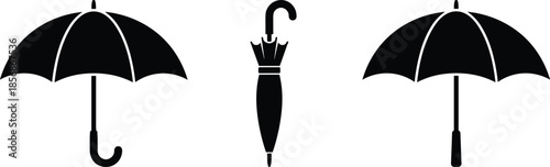 PrintSet of black umbrella silhouettes including open and closed positions for rain protection and weather icons isolated on white background