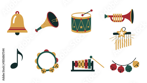 Collection of festive musical instruments and symbols for holiday celebrations