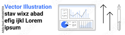 Analytical dashboard with line graphs, pie chart, and bar chart, paired with upward arrows and a pen for improvement, strategy, education, growth, progress, analytics and simple landing page
