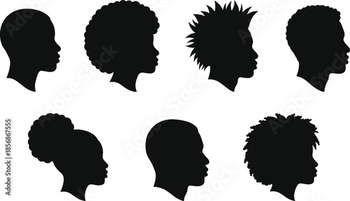 PrintSet of diverse African American profile silhouettes featuring various natural hairstyles and facial features, perfect for cultural representation and identity.