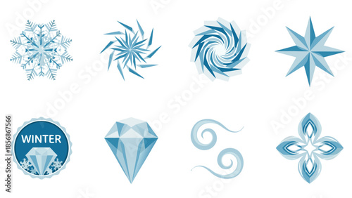 Collection of abstract winter themed icons and symbols in shades of blue