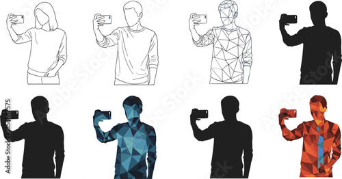Selfie icons in various artistic styles showing modern digital behavior with smartphones in silhouette and polygonal formats