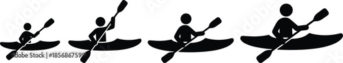PrintSet of four black kayak silhouettes showing different sizes and paddling angles for rowing and water sports on white background