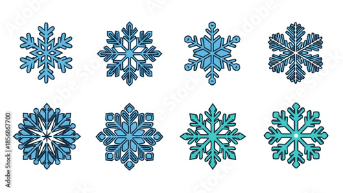 Collection of eight unique blue snowflake icons with intricate designs on a white background
