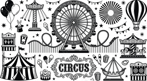 PrintVintage Circus and Amusement Park Vector Elements Collection Featuring Ferris Wheel Roller Coaster Carousel Carnival Rides Popcorn and Fairground Attractions Icons