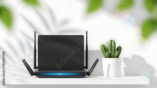 black wireless router with blue light and cactus plant on white table indoors