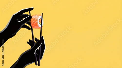 Minimalist flat design of hands holding sushi with chopsticks against yellow background