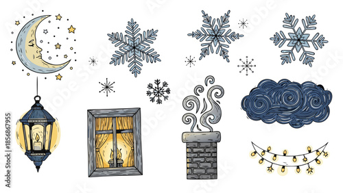 Cozy winter night elements: moon, snowflakes, lantern, window, chimney, and lights