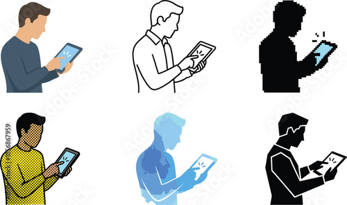 Tablet user icons in diverse artistic styles including pixel, pop art, silhouette, watercolor, and line drawing formats