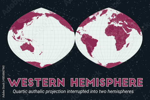 Western Hemisphere. World map. Quartic authalic projection interrupted into two hemispheres centered to Western Hemisphere. Pale Mint Dark Pink palette. Vintage texture. Classic vector illustration.