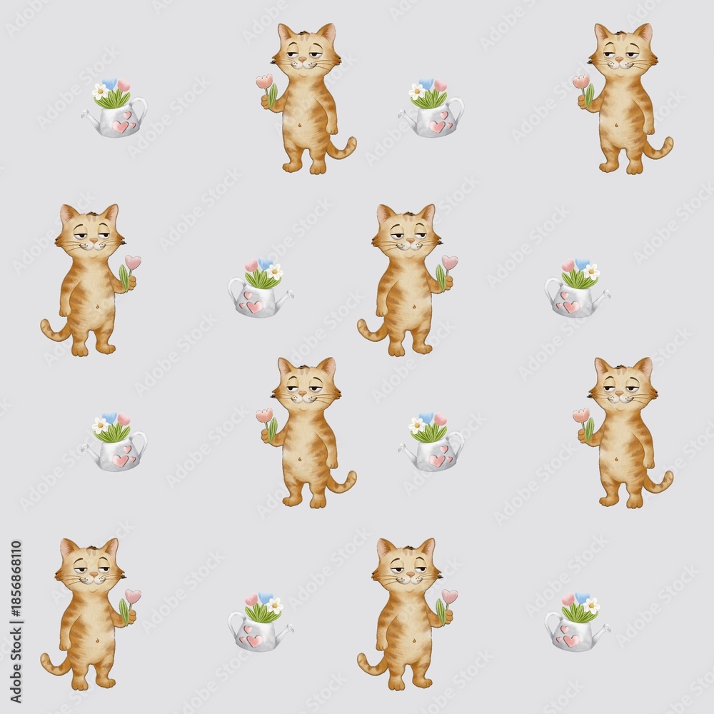 Fototapeta premium Whimsical watercolor pattern of playful cats and flowers on a white background