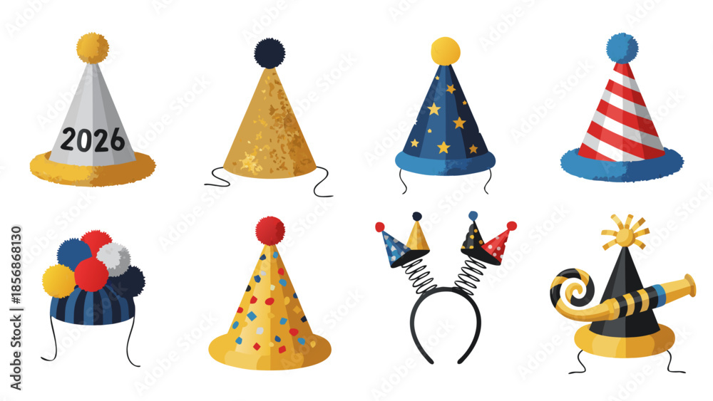 Obraz premium Collection of festive party hats and headbands for celebrations and New Year's Eve