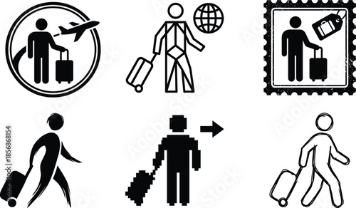 Travel and tourism icons showing diverse walking traveler styles with suitcase in artistic, digital, and sketch formats