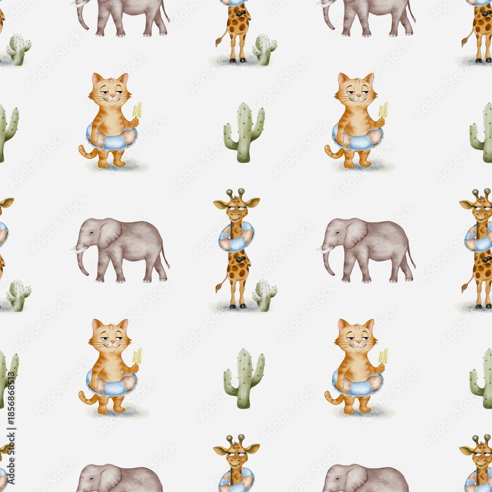 Fototapeta premium Watercolor pattern with animals and plants on a white background for textile and packaging use