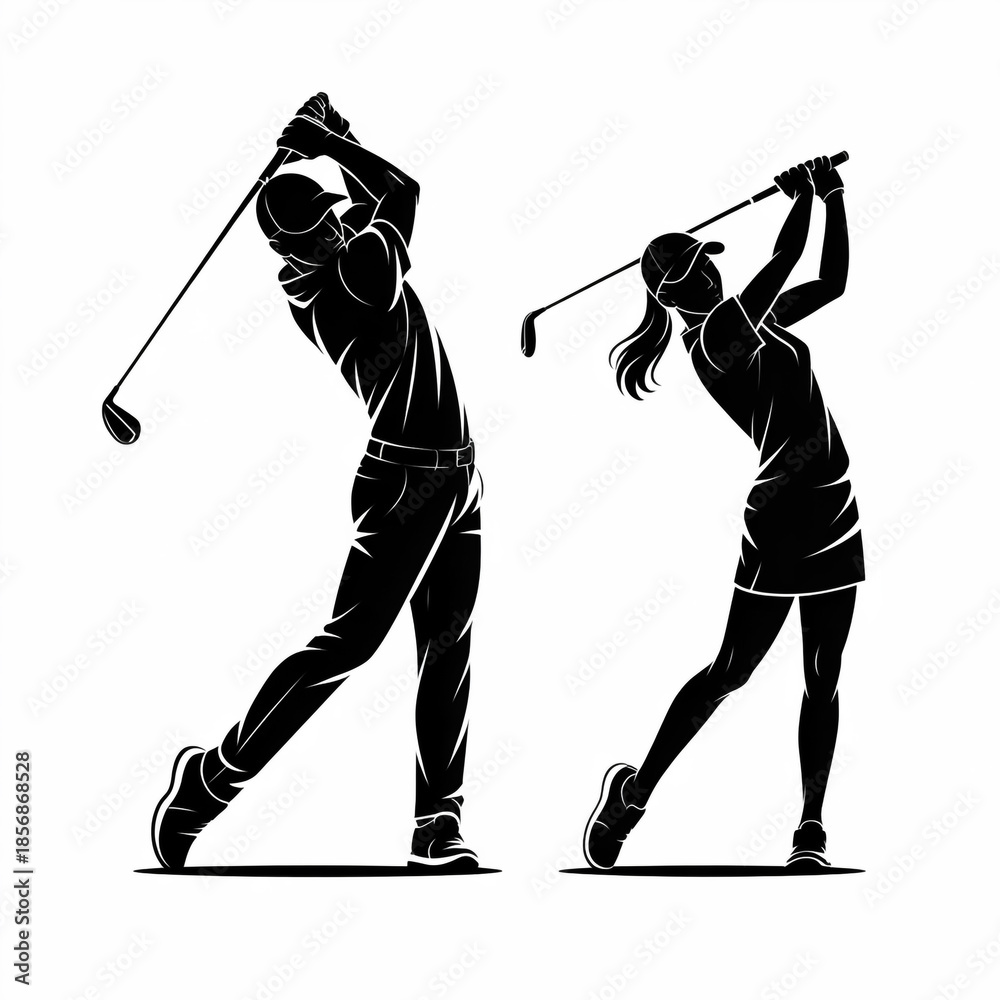 Fototapeta premium Minimalist golf silhouette vector, dynamic male-female swing poses, high-contrast black-white line-art, geometric strokes, 8k clean background, commercial premium sports icon illustration.