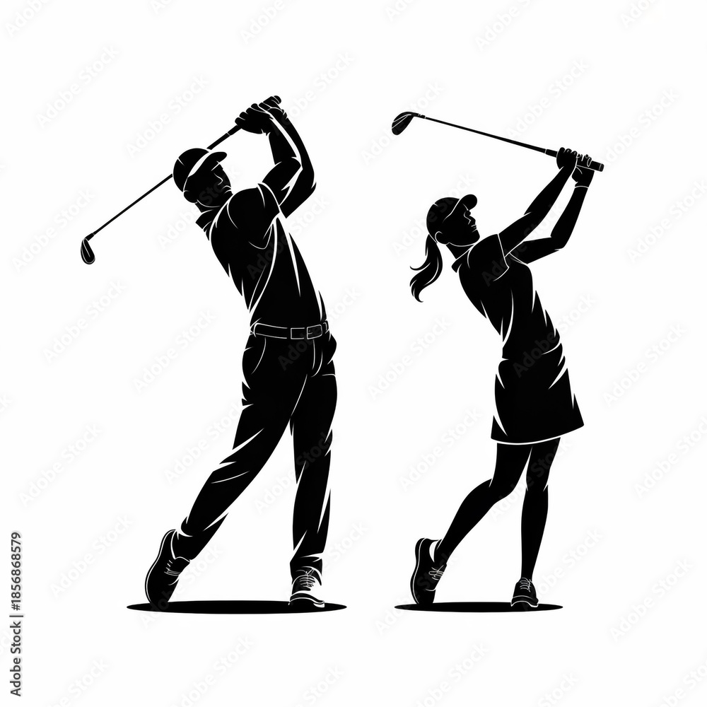 Fototapeta premium Minimalist golf silhouette vector, dynamic male-female swing poses, high-contrast black-white line-art, geometric strokes, 8k clean background, commercial premium sports icon illustration.