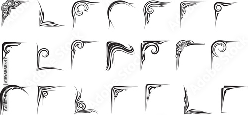 Set of elegant ornamental corner designs, vintage filigree decorative borders for frames and wedding invitations, black tribal swirl vector elements.