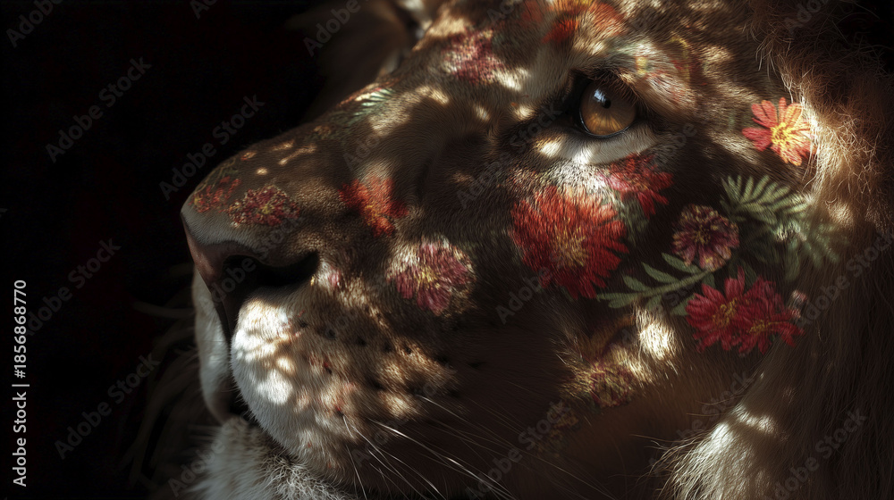 A lion's face displays intricate floral patterns projected onto its fur, creating a unique juxtaposition with its natural features. The gentle expression and warm light enhance this striking