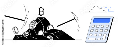 Cryptocurrency, blockchain, finance, mining, technology, digital economy. Pickaxes strike coins, Bitcoin logo in focus and a calculator. Cryptocurrency and blockchain are in this financial concept