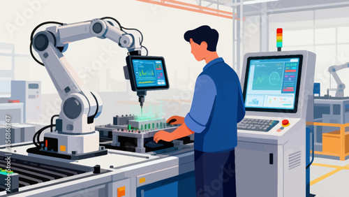 Man operating robotic arm in factory