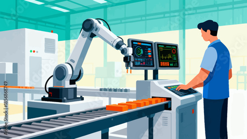 Factory worker operating robotic arm