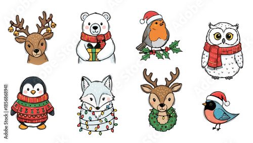 Cute cartoon Christmas animals collection with festive holiday decorations