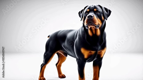 Ultra-Realistic Cinematic Studio Video of a Powerful Rottweiler Dog. Standing, Trotting, and Close-Up Portrait on Pure White Seamless Background with Premium Lighting