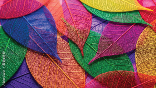 A stunning close-up of multiple translucent skeleton leaves, dyed in a vibrant spectrum of colors, creating an intricate natural pattern and delicate texture
