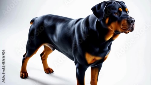 Ultra-Realistic Cinematic Studio Video of a Powerful Rottweiler Dog. Standing, Trotting, and Close-Up Portrait on Pure White Seamless Background with Premium Lighting