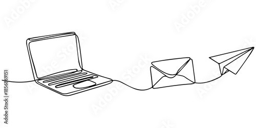 Laptop with envelope and paper plane continuous line drawing. Send message concept. Vector illustration isolated on white, Continuous one line drawing of Notebook connected with paper plane. Laptop