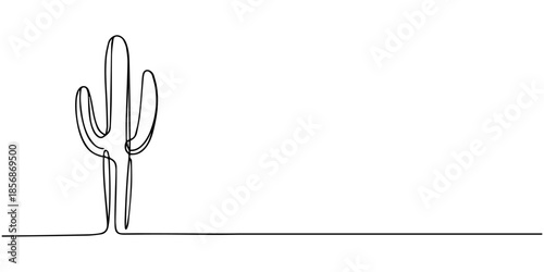 Long cactus continuous one line drawing, Long cactus as one line drawing banner. Continuous hand drawn minimalist minimalism design isolated on white background vector illustration.