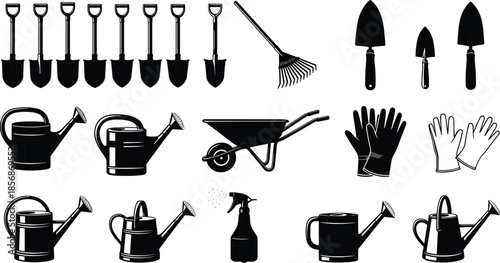 Black gardening tool silhouette collection with watering cans shovels rakes wheelbarrow and gloves vector set for garden landscaping outdoor design,
