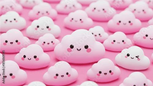 Charming array of kawaii-style pink and white fluffy clouds with adorable smiling faces, creating a whimsical and cheerful background pattern