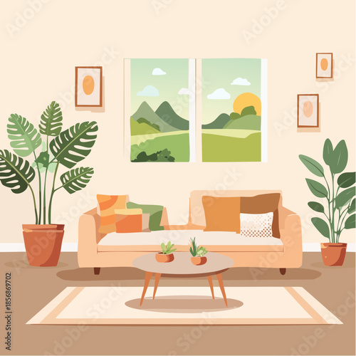 Illustration vectorielle d’intérieur minimaliste, style Scandinave, formes simples, palette neutre