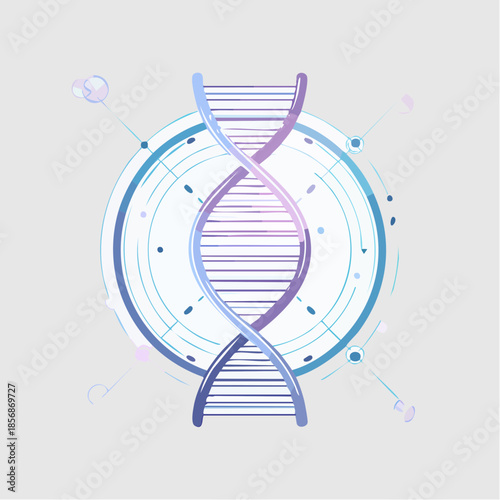 Illustration vectorielle d’ADN moderne, hélice stylisée en bleu clair  et violet, design scientifique épuré, arrière plan blanc